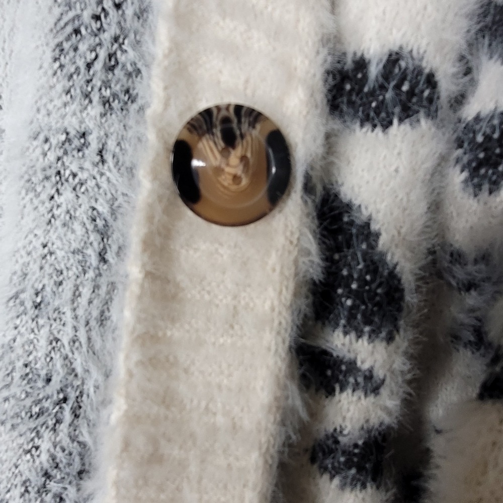 Vestidos White Black Knit Cardigan Sweater Leopard Animal Print Button M Women - Picture 4 of 6